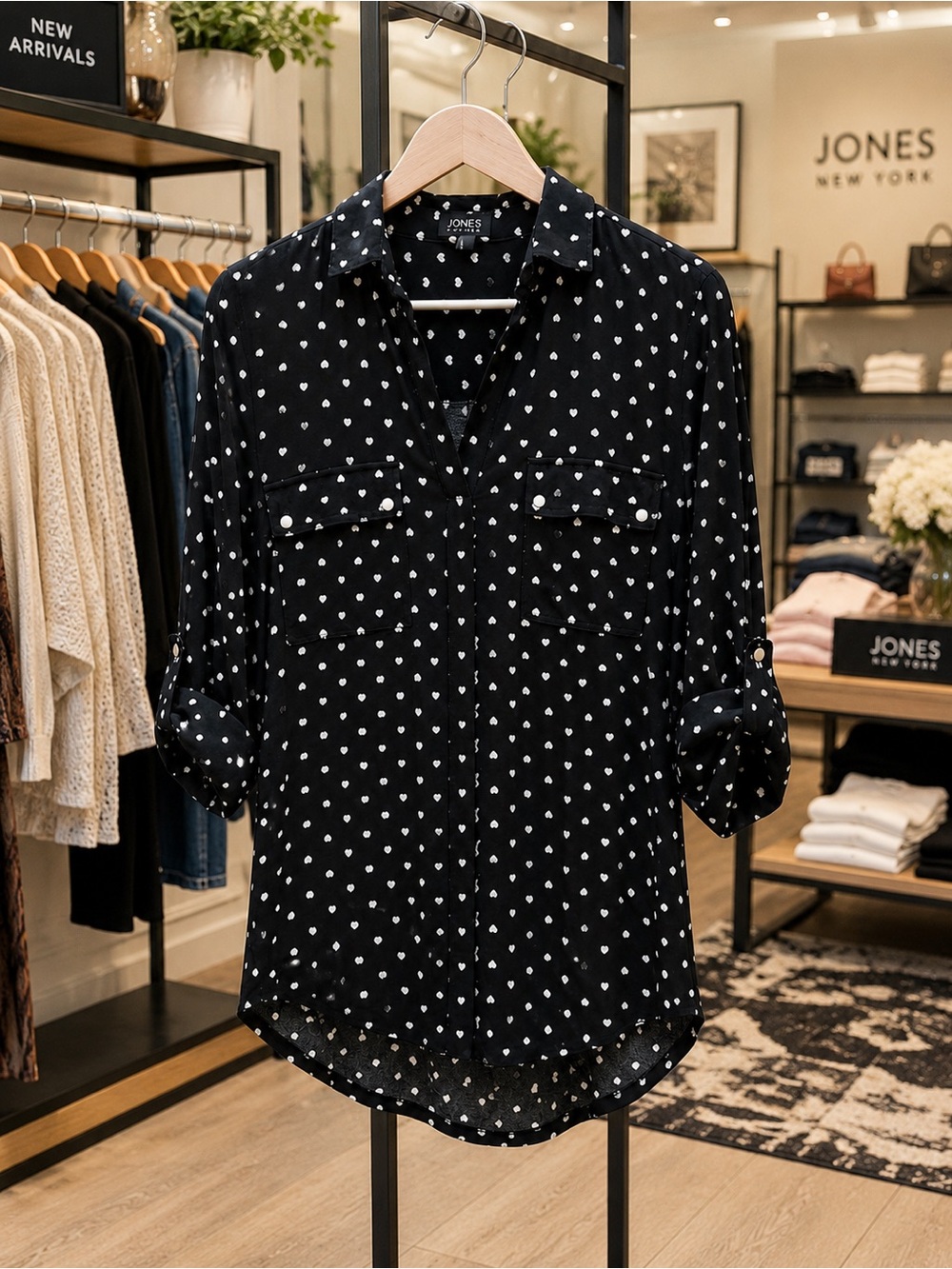 Jones New York Black White Heart Print Roll Tab Sleeve Blouse Size M - Picture 2 of 10
